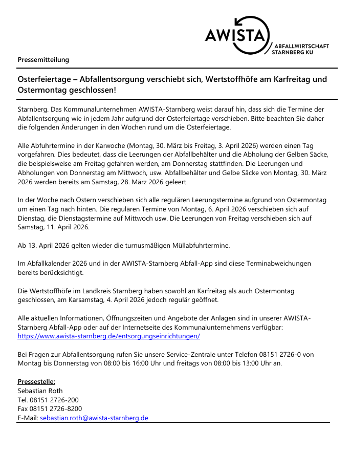 2026 AWISTA Osterfeiertage Info